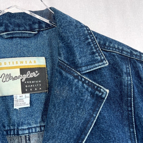 WRANGLER Vintage Denim Coat Mens Medium Blue Button Front Full Length Unisex - Picture 16 of 16